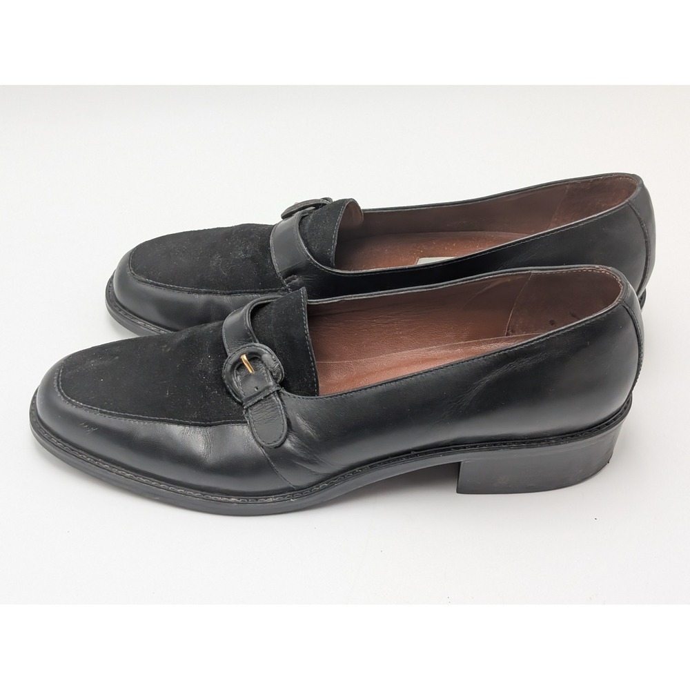 Etienne Aigner Loafer Women 9N Black Dylan Leather Suede Buckle Block Heel Shoe